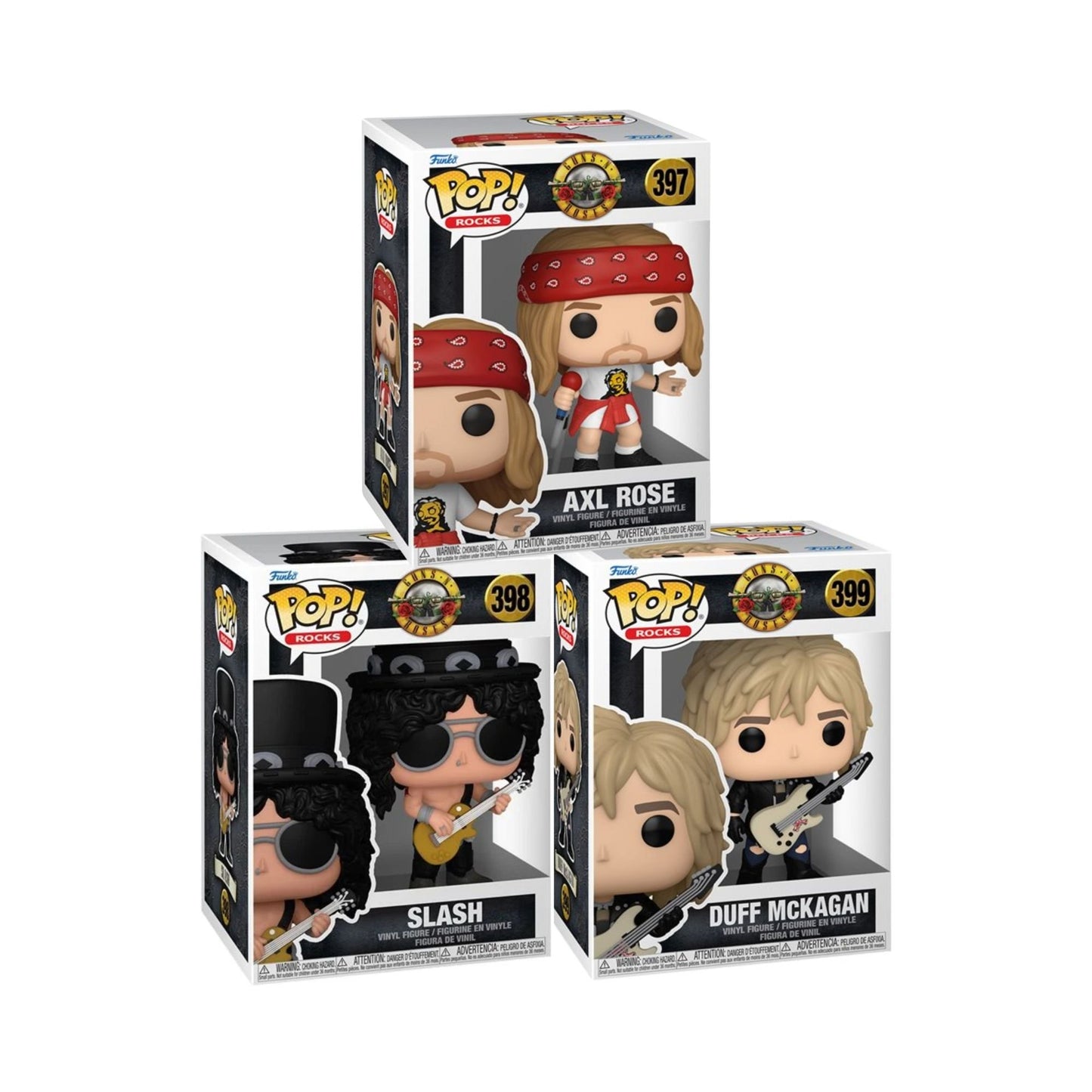 Axl Rose #397, Slash #398, and Duff McKagan #399 Funko Pop! Rocks Guns N' Roses - Set of 3 Collectible Vinyl Figures with Window Display Box