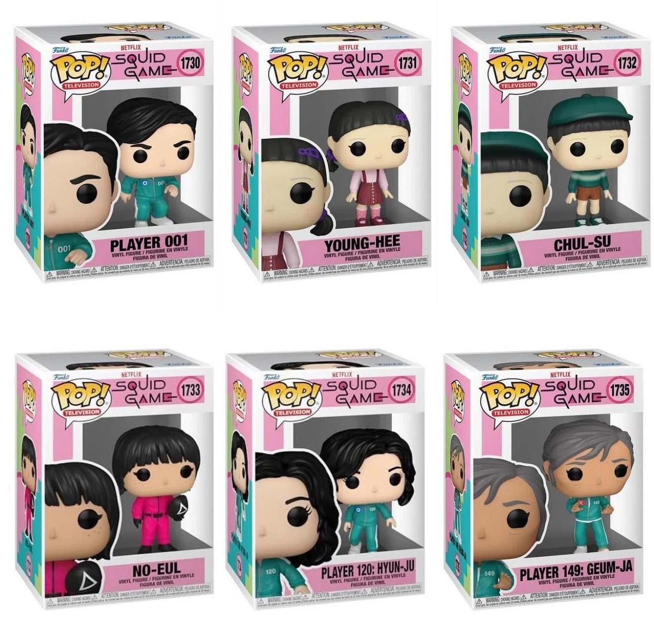 Squid Game Wave 3 Funko Pop! Television - Set of 6 (Player 001 #1730, Young-Hee #1731, Chul-Su #1732, No-Eul #1733, Player 120 Hyun-Ju #1734, and Player 149 Geum-Ja #1735) Collectible Vinyl Figures
