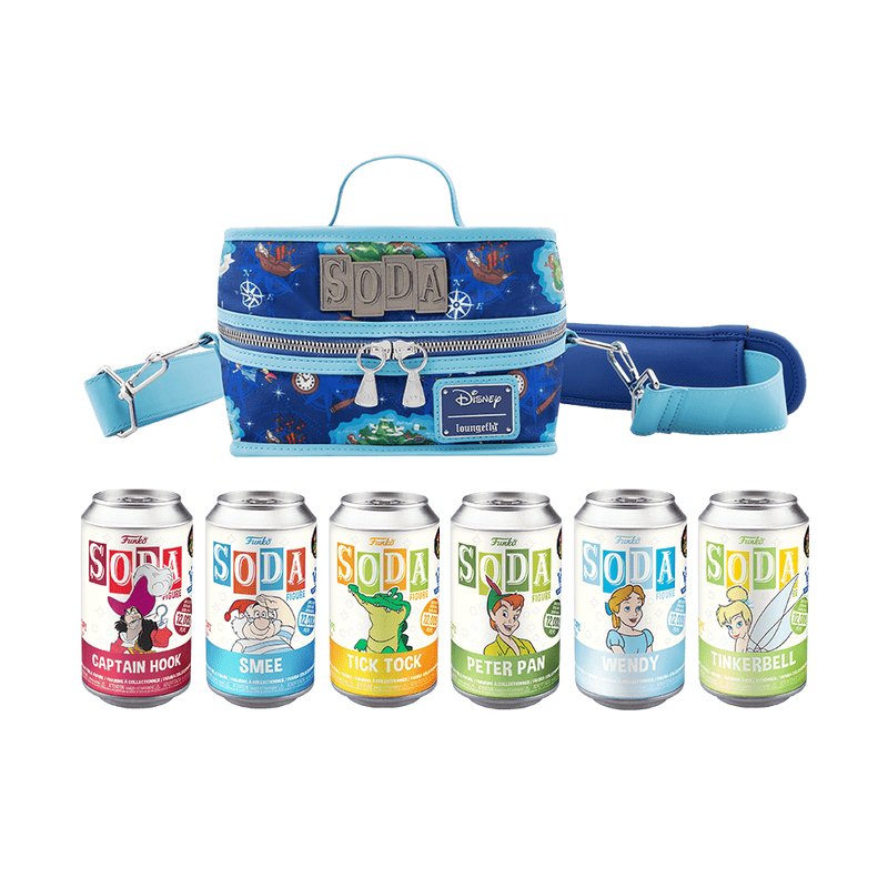 Peter Pan Funko Soda! Fly Away to Neverland - 6-Piece Set of Approx. 4" Vinyl Figures in Collectible Soda Cans (Chance of 1 Chase Variant) with an 8" Cooler Bag