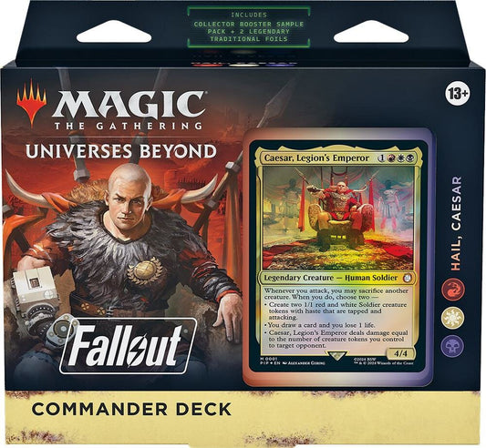 Magic The Gathering Universes Beyond Fallout Hail Caesar Commander Deck with 100 MTG cards, collector booster sample pack, and accessories