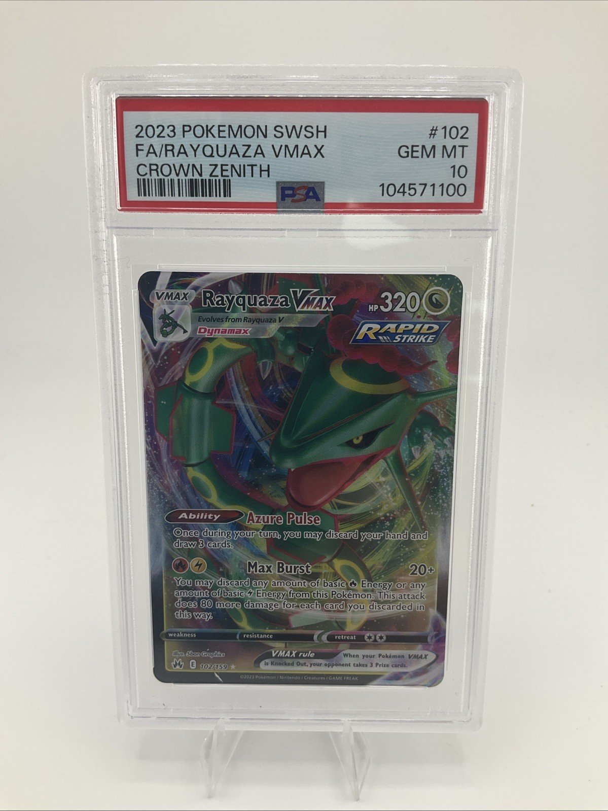 2023 POKEMON SWORD & SHIELD CROWN ZENITH #102 FULL ART/RAYQUAZA VMAX PSA 10