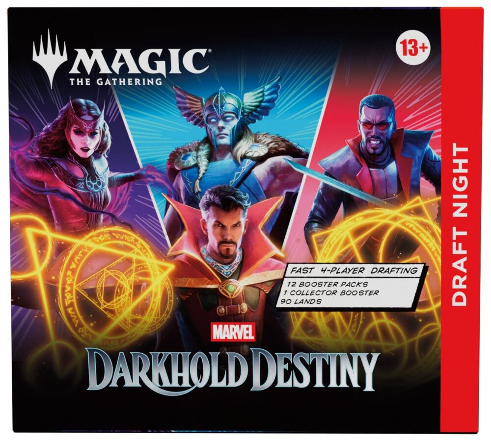 Magic: The Gathering Marvel Darkhold Destiny Draft Night Box, 12 Booster Packs, 1 Collector Booster, 90 Basic Land Cards, 4-Player Pick-Two Draft Game Kit (PRE-ORDER)