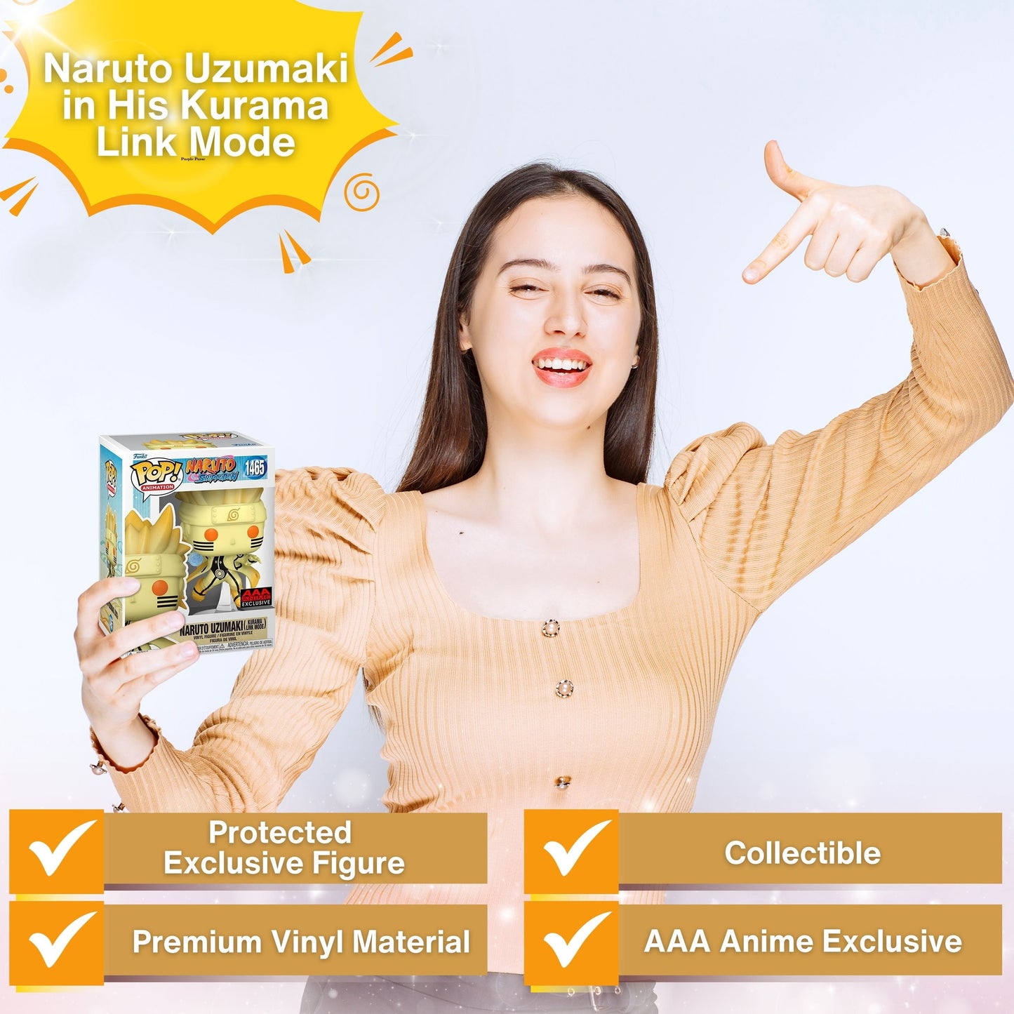 Naruto Uzumaki (Kurama Link Mode) Funko Pop! Naruto Shippuden - AAA Anime Exclusive Vinyl Figure # 1465  with Display Box Protector Case