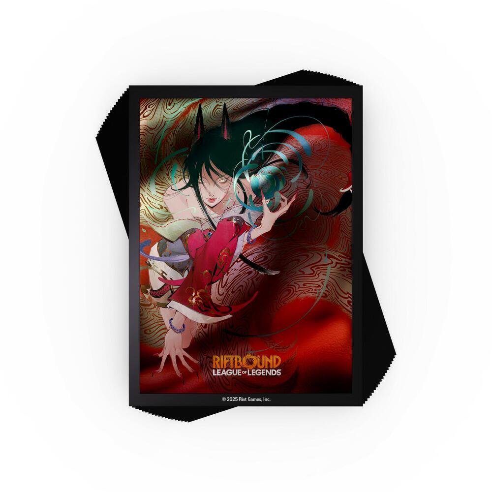 Riftbound League of Legends Ahri card sleeves pack of 100 in gloss finish for collectible card games and card games.