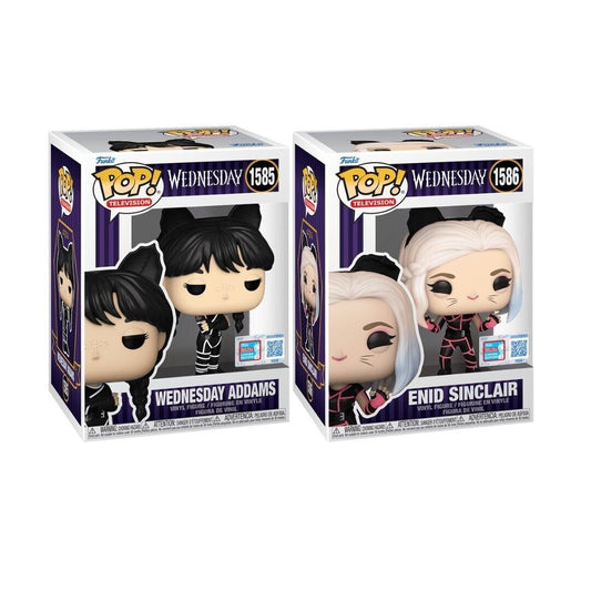 Wednesday Addams and Enid Sinclair Funko Pop! Television 2-Pack - NYCC 2024 Shared Sticker - Approx. 4.15" Collectible Exclusive Limited Edition Vinyl Figures #1585 and #1586 with Foldable Protector Case