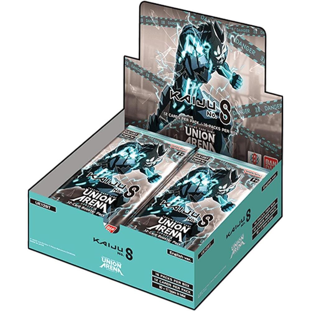Union Arena TCG Kaiju No. 8 Booster Box featuring collectible card game booster packs and anime artwork.