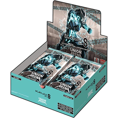 Union Arena TCG Kaiju No. 8 Booster Box featuring collectible card game booster packs and anime artwork.