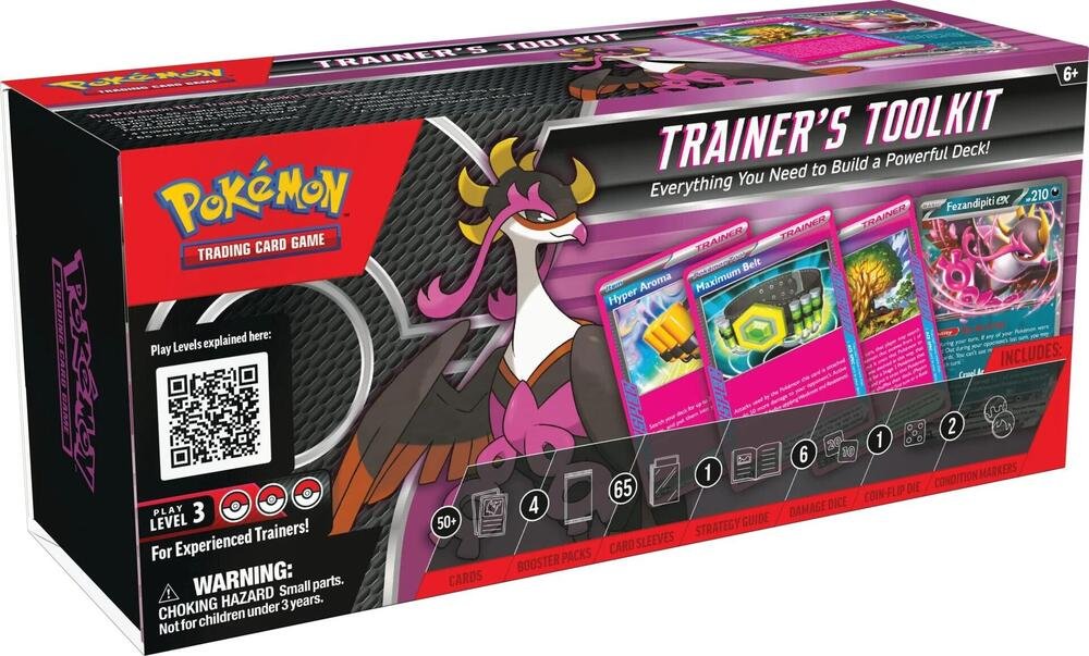 Pokémon TCG Trainer’s Toolkit 2025 box front showing included cards and accessories for pokemon card collection and card game