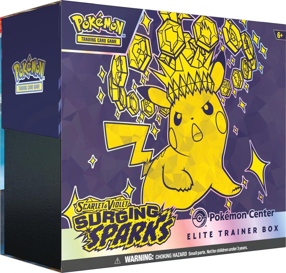 Pokemon TCG Surging Sparks Pokemon Center Elite Trainer Box with booster packs sleeves and accessories.