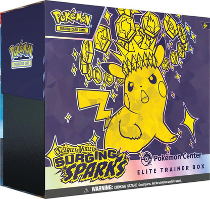 Pokemon TCG Surging Sparks Pokemon Center Elite Trainer Box with booster packs sleeves and accessories.