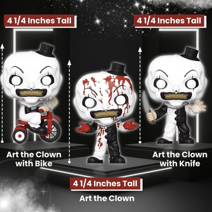 Art The Clown Funko Pop! Movies: Terrifier - Vinyl Figures Set - Art The Clown with Knife #1590, Art The Clown with Bike #1591 & Bloody Art The Clown #1592 - 3 Collectibles with Window Display Box