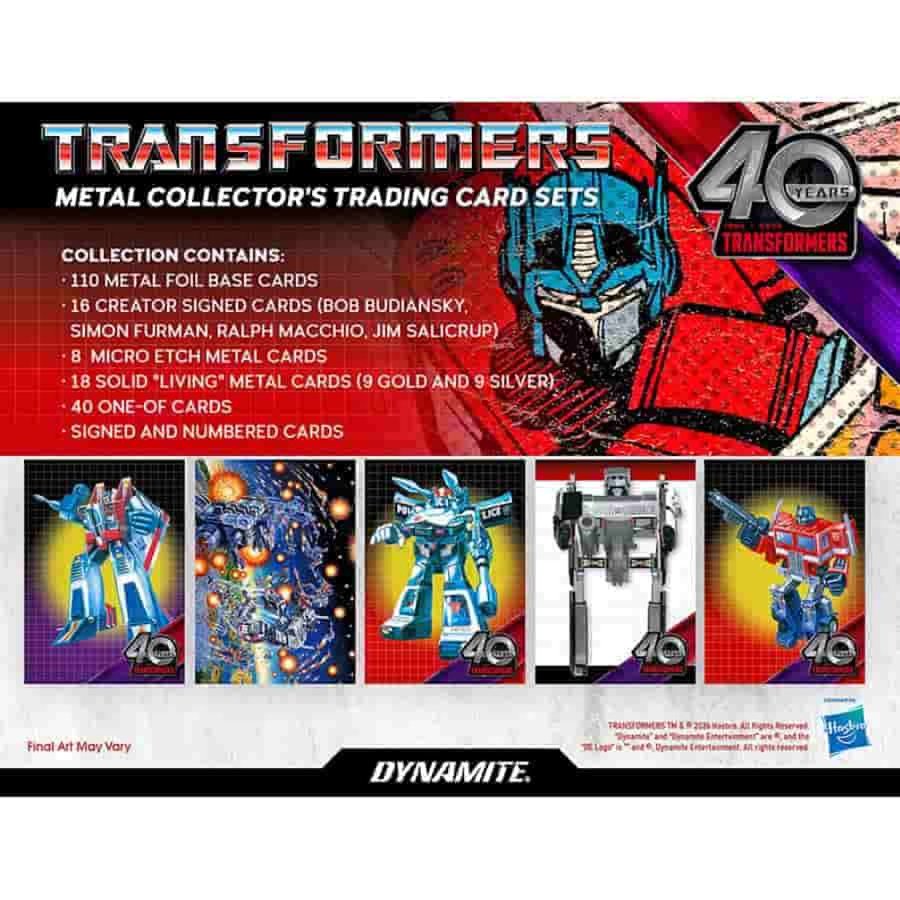 Transformers 40th Anniversary Metal Collector’s Trading Cards Blaster Box, 5 Packs, 2026 Dynamite Generation 1 Autobot and Decepticon Collectible Cards 
(PRE-ORDER)