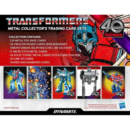 Transformers 40th Anniversary Metal Collector’s Trading Cards Blaster Box, 5 Packs, 2026 Dynamite Generation 1 Autobot and Decepticon Collectible Cards 
(PRE-ORDER)