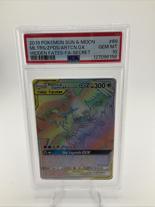 Pokemon Moltres & Zapdos & Articuno GX (Secret) 69/68 Hidden Fates Holo PSA 10