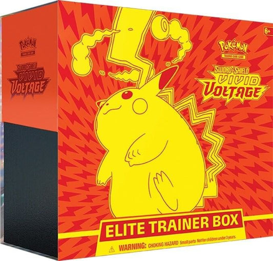 Pokemon Vivid Voltage Elite Trainer Box with Gigantamax Pikachu sleeves, booster packs, energy cards and accessories