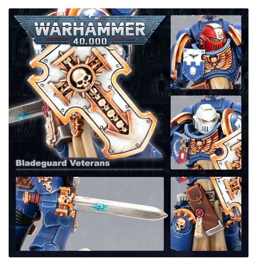 Warhammer 40,000 Space Marines Bladeguard Veteran Squad – 3 Plastic Miniatures with Power Swords & Storm Shields, Customizable Warhammer 40K Model Kit for Collectors & Tabletop Gaming (PRE-ORDER)