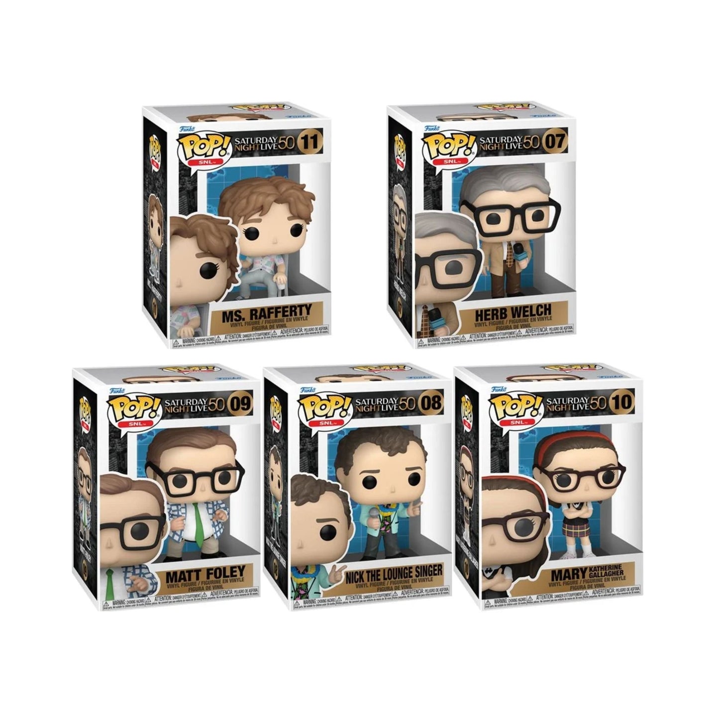 Funko Pop! SNL Saturday Night Live 50th Anniversary Vinyl Figure Case of 5 (Herb Welch #07, Nick the Lounge Singer #08, Matt Foley #09, Mary Katherine Gallagher #10, Ms Rafferty #11) – Collectible 3 3/4" Vinyl Figures with Window Display Box