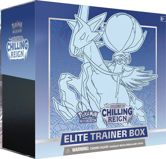 Pokemon Chilling Reign Elite Trainer Box with Ice Rider Calyrex sleeves, booster packs, energy cards and accessories