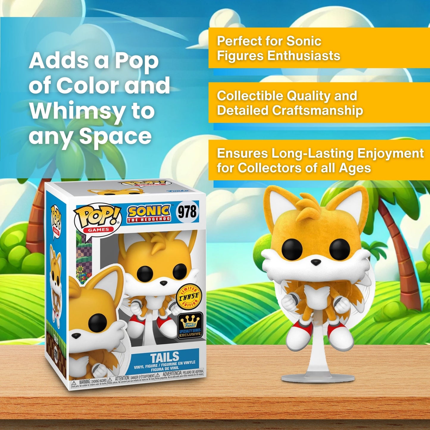 Tails Funko Pop! Games Sonic The Hedgehog - Flocked - Specialty Series Exclusive - Chase Limited Edition Vinyl Figure #978  with Window Display Box