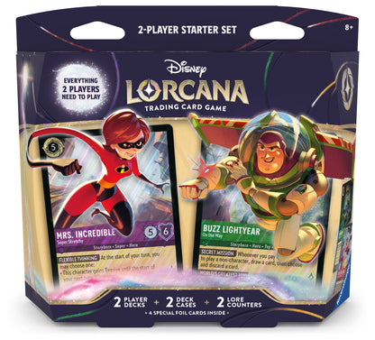Disney Lorcana TCG 2-Player Starter Deck Set – Elastigirl & Buzz Lightyear Prebuilt Card Game with Foil Cards, Lore Trackers, Tokens, Trading Cards,