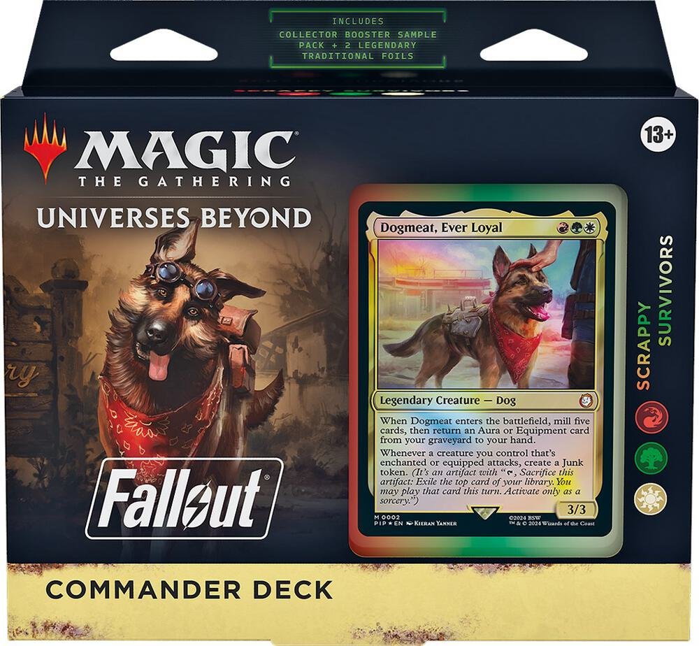 Magic The Gathering Universes Beyond Fallout Scrappy Survivors Commander Deck with 100 MTG cards, collector booster sample pack, and accessories