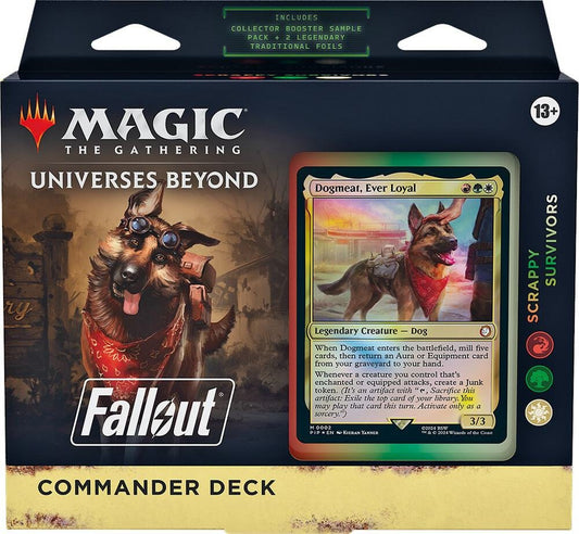 Magic The Gathering Universes Beyond Fallout Scrappy Survivors Commander Deck with 100 MTG cards, collector booster sample pack, and accessories
