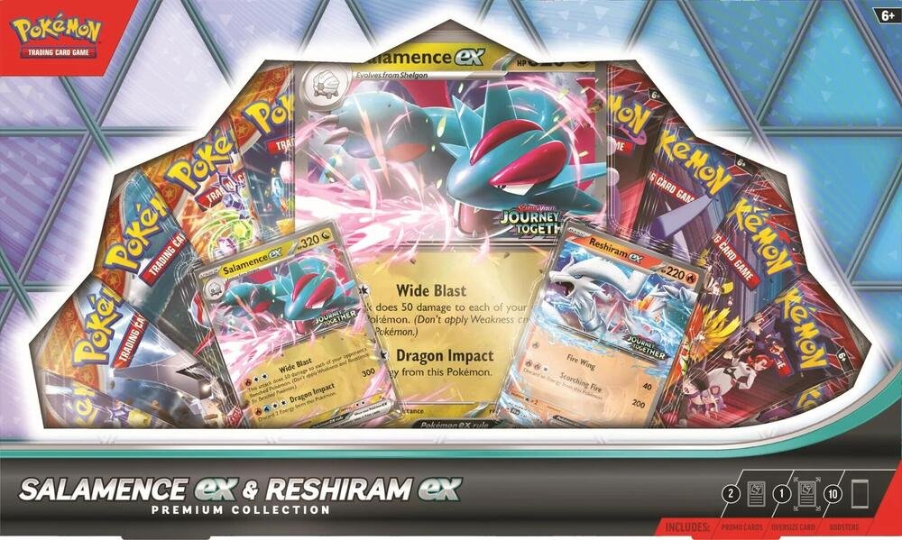 Pokemon TCG Salamence EX and Reshiram EX Premium Collection Box with promo cards and booster packs