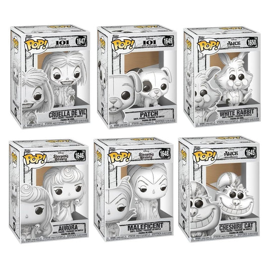 Disney Sketched 101 Dalmatians Wave 2 Funko Pop! Set of 6 (Cheshire Cat #1645, Aurora #1646, Cruella De Vil #1647, Maleficent #1648, Patch #1649, and White Rabbit #1650) Collectible Vinyl Figure - Estimated Arrival: Oct. 2025 (PRE-SALE)
