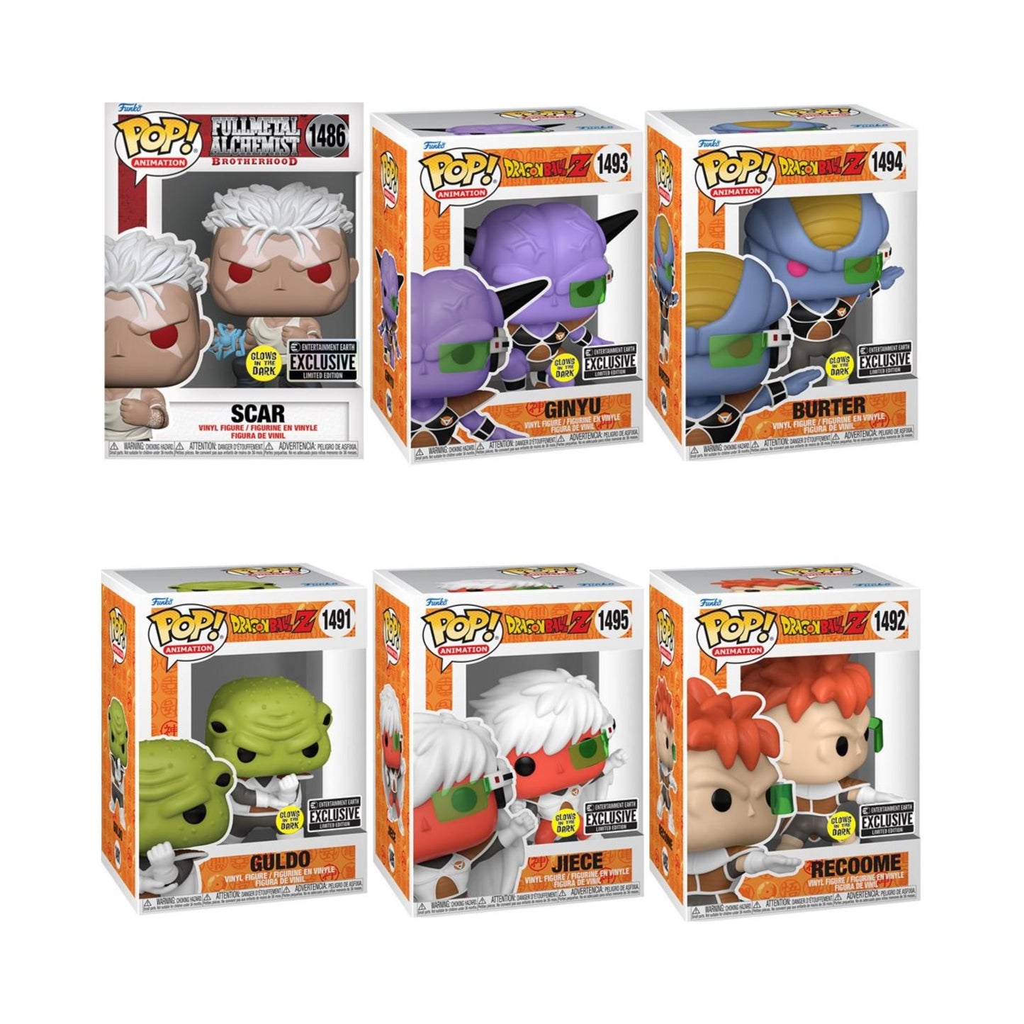 Dragon Ball Z Burter #1494, Ginyu #1493, Guldo #1491, Jiece #1495, Recoome #1492 and Brotherhood Scar #1486 Funko Pop! Animation - Collectible Glow-In-The-Dark Entertainment Earth Exclusive Limited Edition Vinyl Figure with Window Display Box