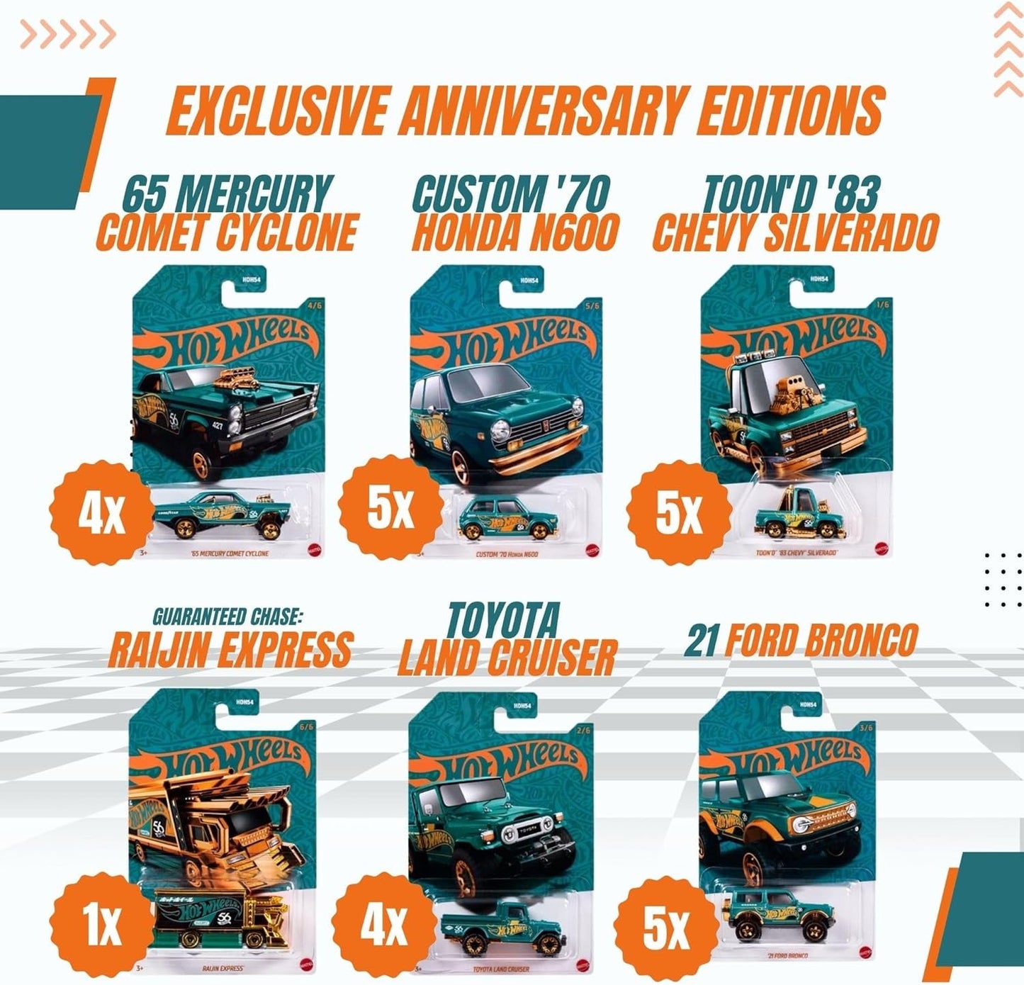 Hot Wheels 56th Anniversary Pearl and Chrome 2024 Complete Set with Chase Variant Raijin Express - Mix 1, Set of 24