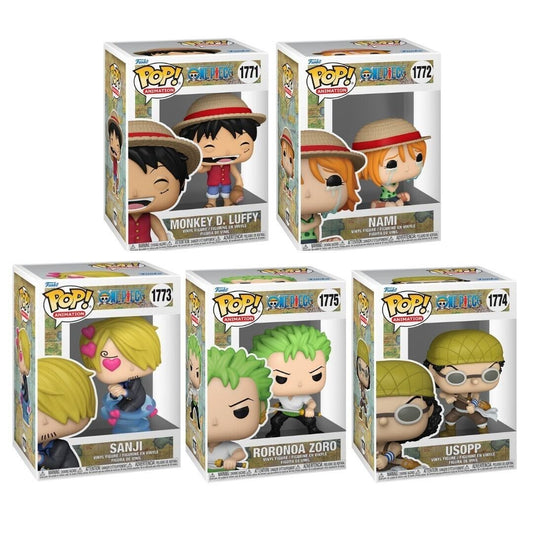 One Piece Wave 9 Funko Pop! Animation 2024 - Set of 5 (Roronoa Zoro with Swords #1775, Usopp #1774, Sanji #1773, Nami Crying #1772, and Luffy #1771) - Collectible Vinyl Figures with Window Display Box