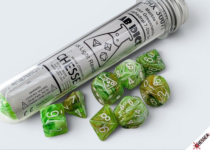 Chessex Lab Dice LD10 Polyhedral Dice Set, 7-Piece Marble Sour Green and White RPG Dice Set for Tabletop Role-Playing Games