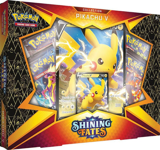 Pokémon TCG Shining Fates Pikachu V Box with booster packs and promo card