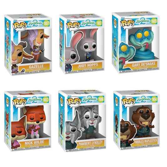 Zootopia 2 Funko Pop! Set of 6 (Pawbert Lynxley #1656, Maplestick #1654, Gary De Snake #1655, Gazelle #1657, Nick Wilde #1653, and Judy Hopps #1652) Collectible Vinyl Figures - Estimated Arrival: Oct 2025 (PRE-SALE)