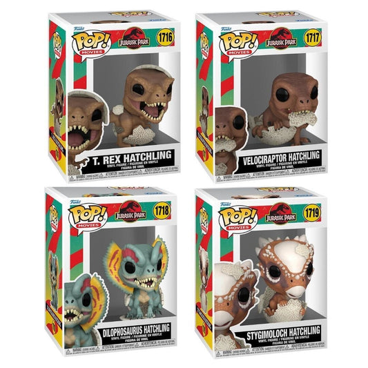 Jurassic Park Funko Pop! Movies - Pack of 4 (T. Rex Hatchling #1716, Velociraptor Hatchling #1717, Dilophosaurus Hatchling #1718, and Stygimoloch Hatchling #1719) Collectible Vinyl Figures (PRE-SALE)