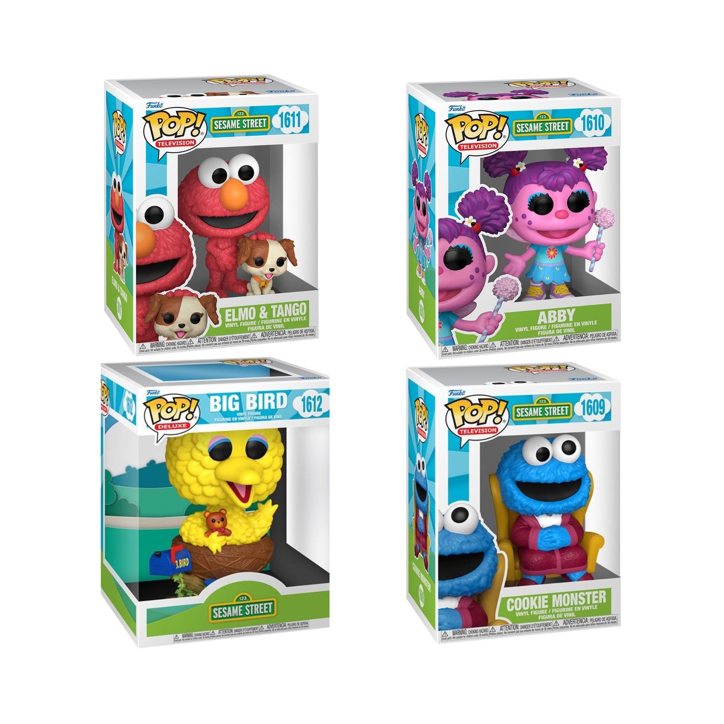 Sesame Street Funko Pop! Television Vinyl Set of 4 – Big Bird #1612, Elmo & Tango #1611, Cookie Monster #1609, Abby #1610 – Collectible Figures (PRE-ORDER)