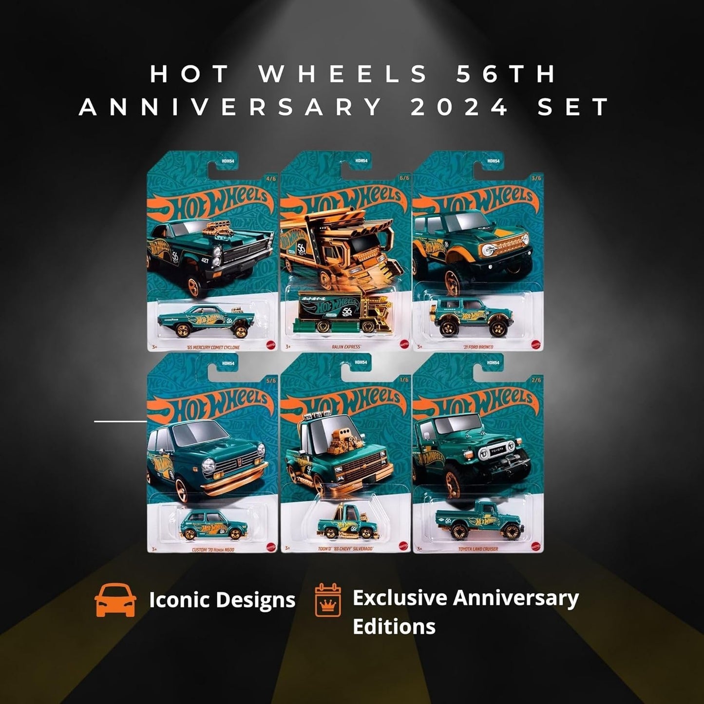 Hot Wheels 56th Anniversary Pearl and Chrome 2024 Complete Set with Chase Variant Raijin Express - Mix 1, Set of 24