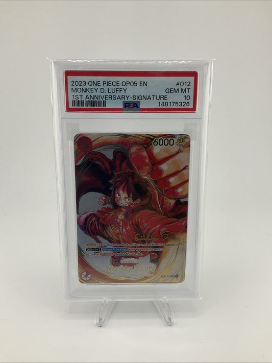 One Piece TCG Monkey D. Luffy 1st Anniversary Signed Card ST01-012 Oda PSA 10