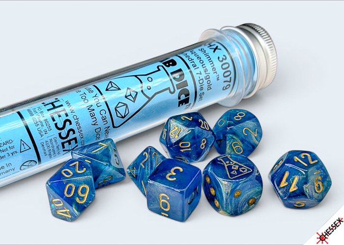 Chessex Lab Dice 10 Polyhedral 7-Die Set, Shimmer Aqueous/Gold, Tabletop RPG Gaming Dice Set for Dungeons and Dragons, Role-Playing Games and Dice Collectors