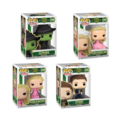 Funko Pop! Movies Wicked Part 1 Set of 4 - Glinda in Nightgown #1699, Fiyero #1698, Glinda in Bubble Gown #1697, and Elphaba #1696 - Collectible Vinyl Figures  Window Display Box