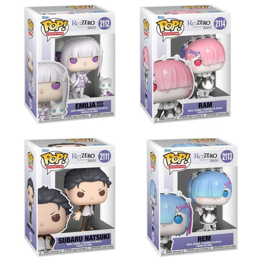 RE: Zero - Starting Life in Another World Funko Pop! Animation - Set of 4 (Ram #2114, Rem #2113, Emilia with Puck # 2112, and Subaru Natsuki #2111) and 1 1/2" (Puck) Collectible Vinyl Figures - Estimated Arrival: Nov. 2025 (PRE-SALE)