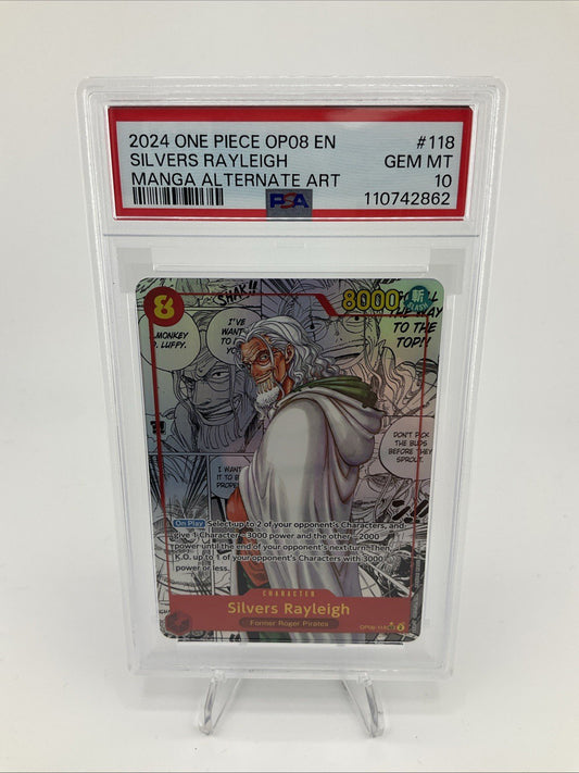 One Piece CCG Silvers Rayleigh Alternate Art Manga OP08-118 PSA 10 English