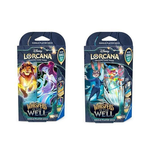 Disney Lorcana Whispers in the Well Starter Decks – Amber & Emerald and Sapphire & Steel, featuring collectible Disney trading cards and gameplay accessories.