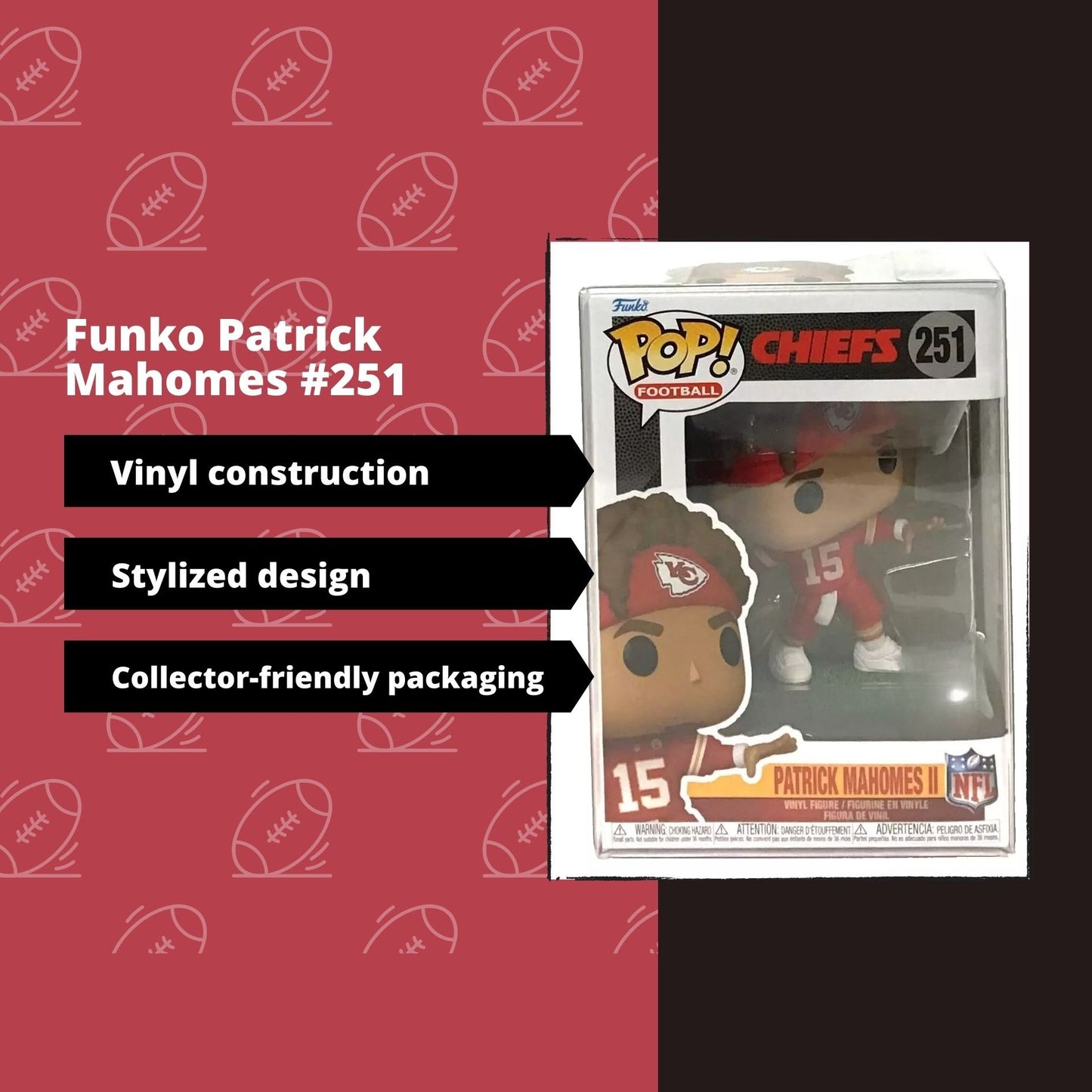 Patrick Mahomes II NFL Kansas City Funko Pop! Football Chiefs - Vinyl Figure 251 with Display Box Protector Case