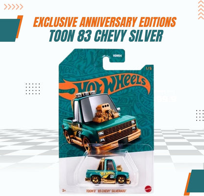 Toon’d ‘83 Chevy Silverado 1/6 Hot Wheels 56th Anniversary Pearl and Chrome - Cartoon-Inspired Design Diecast Construction Model