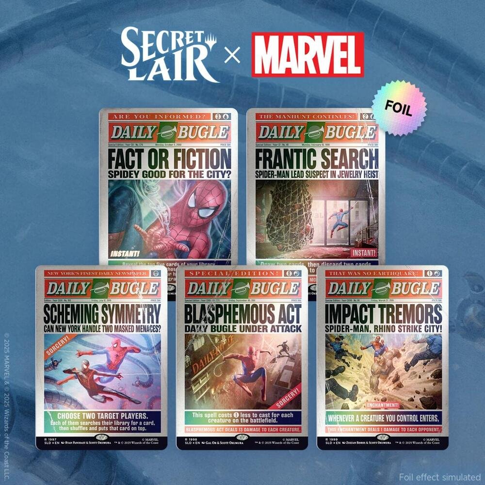 MTG Secret Lair X Marvel Spider Man Daily Bugle Breaking News Magic The Gathering cards with comic style artwork and five card set