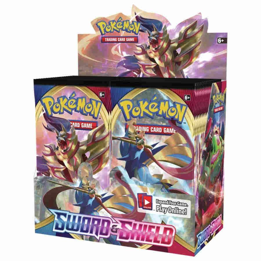 Pokemon TCG Sword and Shield Base booster box sealed with multiple booster packs.