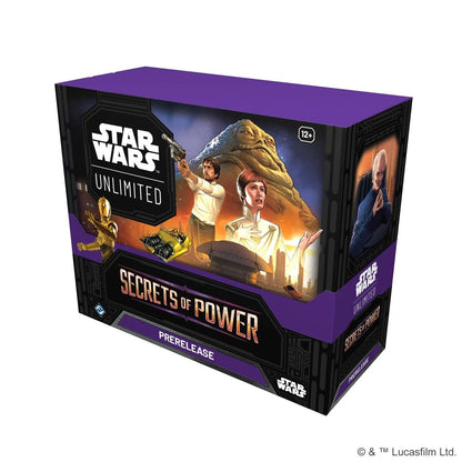 Star Wars Unlimited Secrets of Power Prerelease Box with promo cards and booster packs.