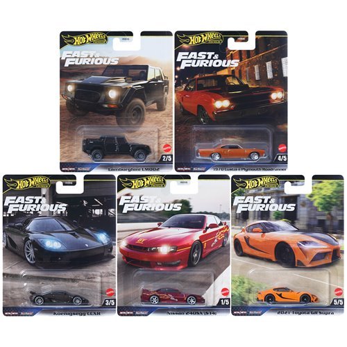 Hot Wheels Fast and Furious 2025 Mix 3 Vehicle Bundle Pack of 5 (Lamborghini LM002, Koenigsegg CCXR, 1970 Custom Plymouth Roadrunner, Nissan 240SX (S14), and 2021 Toyota GR Supra) Collectible Toy Car Vehicle - Estimated Arrival: Sept. 2025 (PRE-SALE)
