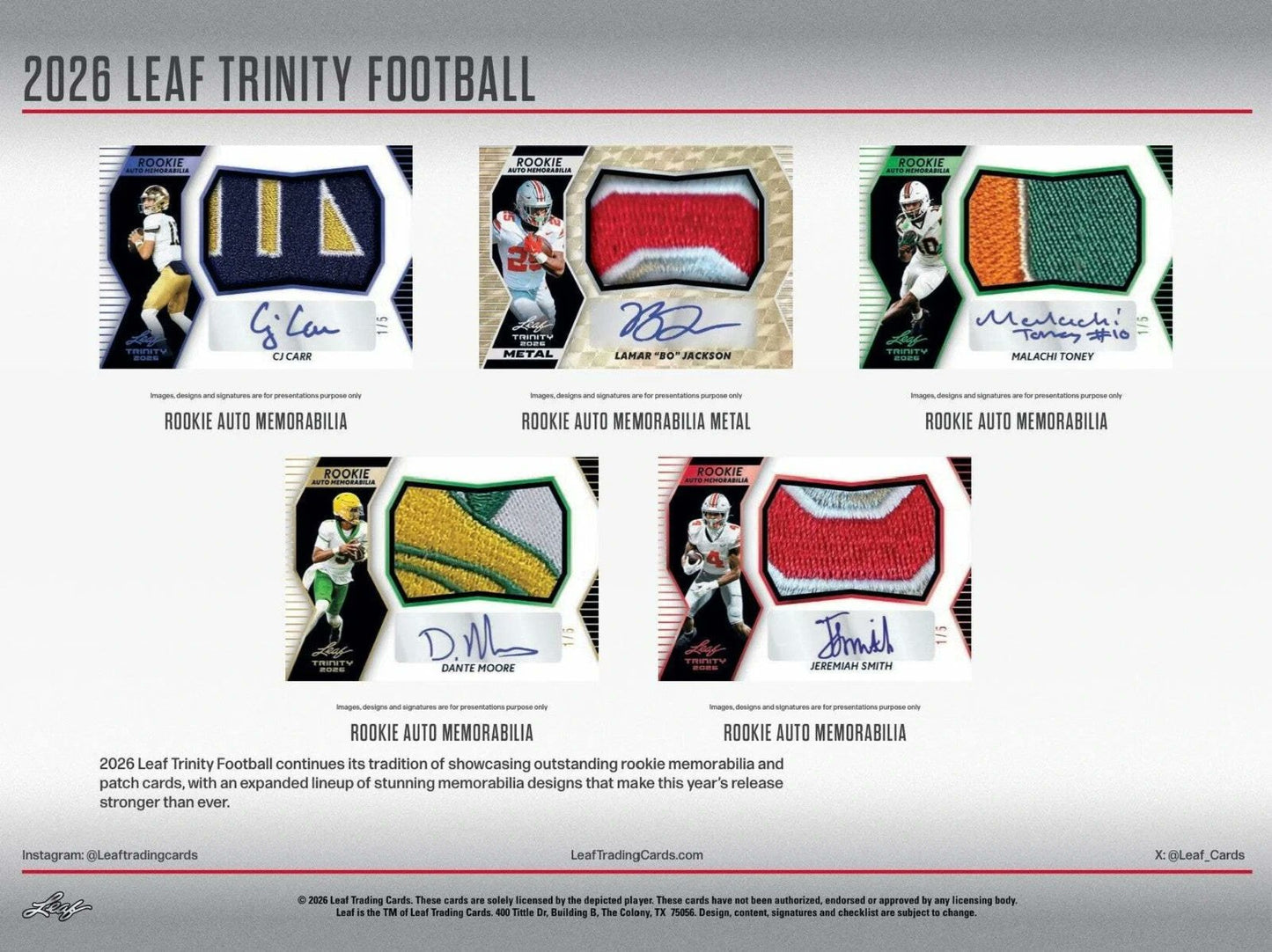 2026 Leaf Trinity Football Hobby Box, 7 Premium Autograph Cards Per Box, Base Steel Clear Autos, Rookie Auto Memorabilia, Jeremiah Smith Chase, Football Trading Card Collectible (PRE-ORDER)